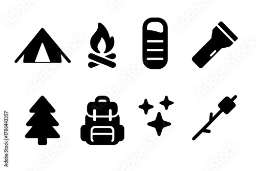 Outdoor Camping Icons. Outdoor camping. Filled icon set of outdoor camping: tent, campfire, sleeping bag,