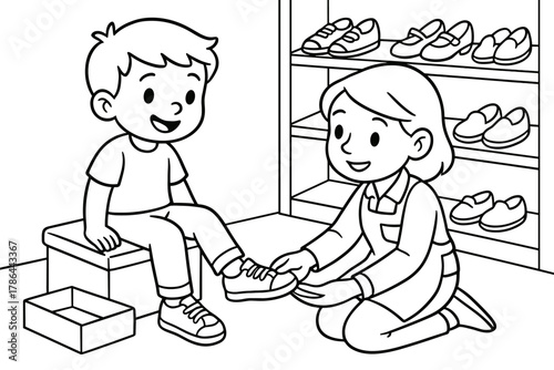 Kids Shoe Fitting. Shoe fitting children?s coloring book illustration, outlined drawing, child trying on shoes