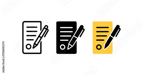 Minimalist document icons with pen in outline, solid, and filled styles