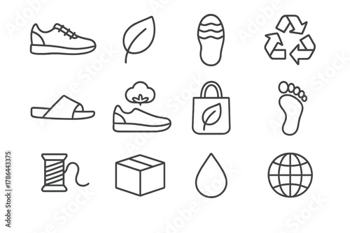 Eco Footwear Icons. Eco-friendly footwear. Line outline icon set of eco-friendly footwear: sneakers, leaf,
