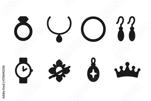 Jewelry Icons Set. Jewelry collection. Filled icon set of jewelry collection: ring, necklace, bracelet,