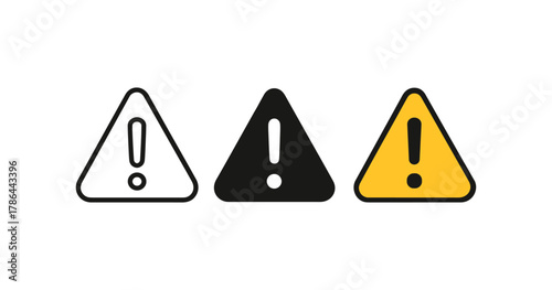 Triangle warning sign icon set with exclamation mark in black, white, and yellow