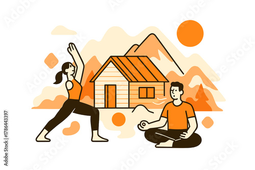 Wellness Cabin Retreat. Wellness Cabin Retreat. A cozy cabin surrounded by mountains and fog; travelers engage