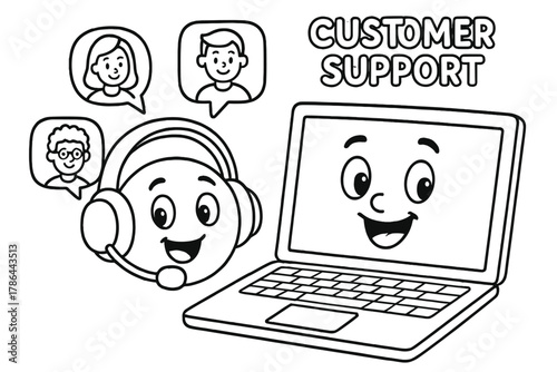 Friendly Tech Helpers. Customer support children?s coloring book illustration, outlined drawing, happy cartoon