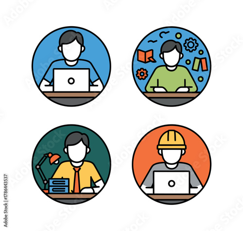 Four stylized circular portraits depict different professions and work activities.