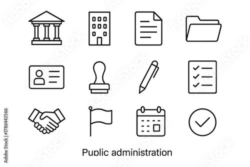 Public Administration Icons. Public administration. Line outline icon set of public administration: courthouse