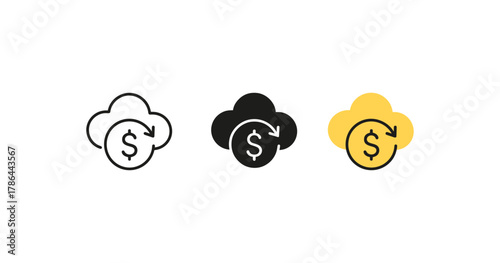 Cloud currency exchange icons: simple finance symbol set in three styles