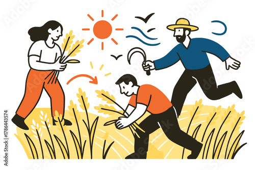 Abundant Harvest Symphony. Harvest season. Wheat fields with glowing tips, abstract floating sun and breeze