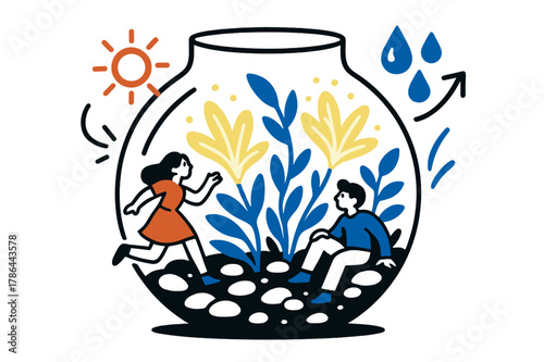 Glowing Terrarium Harmony. Decorative terrarium. Glass container with glowing plants, pebbles, and tiny