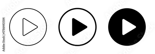 Set of video and audio play button icons. Simple black play button symbols inside circles for online media player. Vector illustration on transparent background.