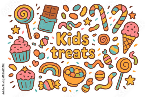 Kids Treats Extravaganza. Kids treats. Hand-drawn doodle illustration of Kids treats. Lollipops, chocolate