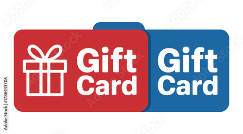 Two gift cards are displayed side-by-side, one red and one blue.