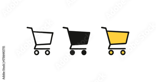 Minimalist shopping cart icons in black, white, and yellow
