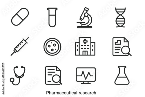 Pharmaceutical Research Icons. Pharmaceutical research icons. Line outline icon set of pharmaceutical research