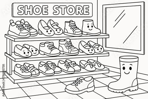 Smiling Shoe Store. Shoe store children?s coloring book illustration, outlined drawing, cartoon shop with