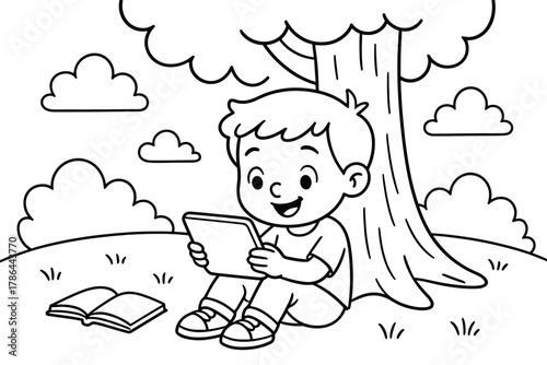 Outdoor Learning Fun. Learning anywhere children?s coloring book illustration, outlined drawing, cheerful