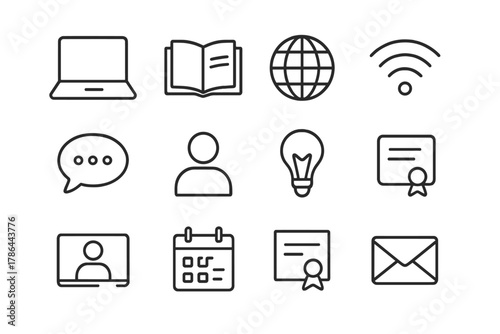 Online Education Icons. Online education. Line outline icon set of online education: laptop, book, globe, wifi