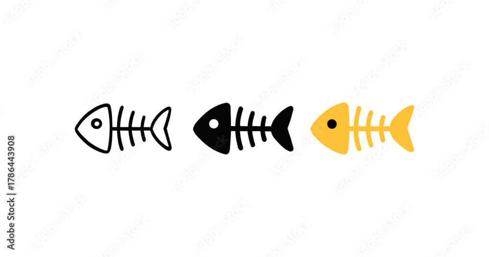 Fototapeta premium Minimalist fish skeletons: simple black and yellow fishbone icons