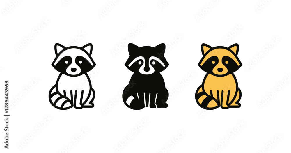 Naklejka premium Three raccoons icon set in minimalist styles: outline, solid, flat cartoon