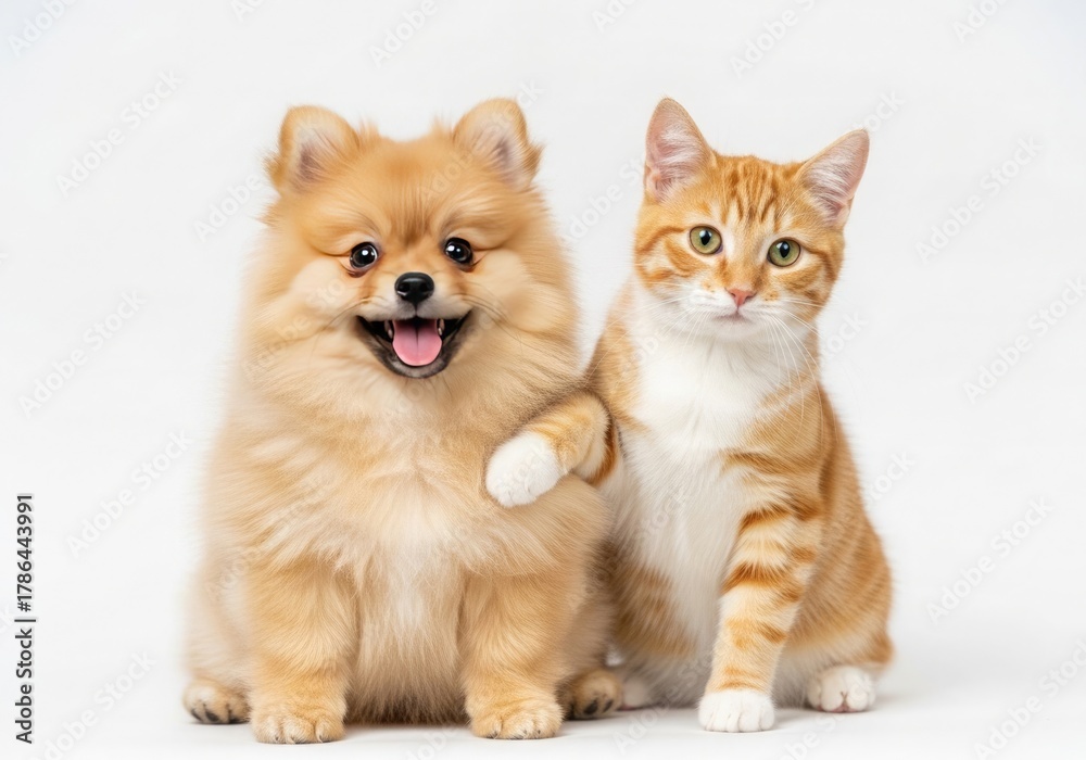 Obraz premium A small, fluffy pomeranian dog and a ginger tabby kitten sitting sidebyside on a white background, looking friendly