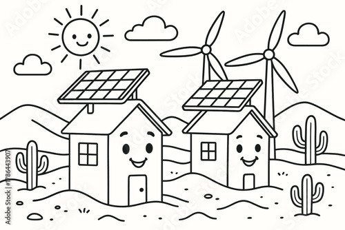 Desert Cartoon Coloring Scene. Desert-safe homes children?s coloring book illustration, outlined drawing,