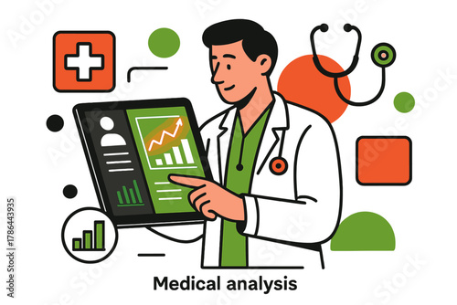 Digital Healthcare Workflow. Medical analysis. Doctor taps on a tablet displaying glowing graphs and patient