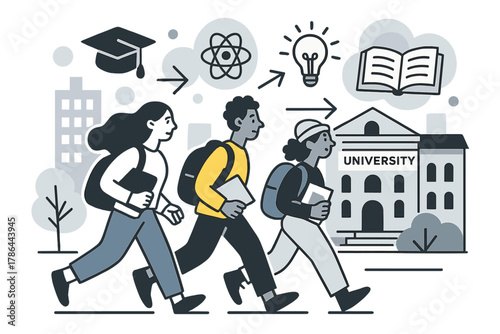 Student Journey Illustration. Education migration. Students walking toward university buildings with backpacks