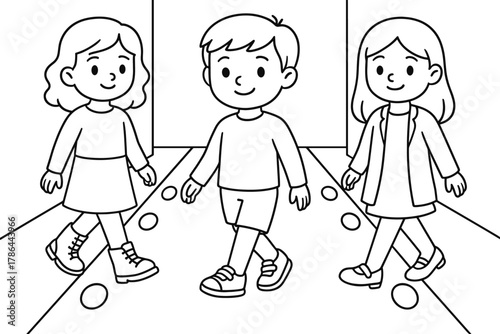 Kids' Fashion Runway. Fashion runway shoes children?s coloring book illustration, outlined drawing, models