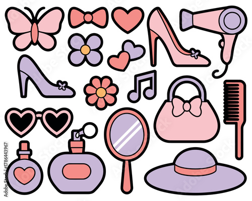 A collection of feminine fashion and beauty accessories is arranged in a pleasing composition.