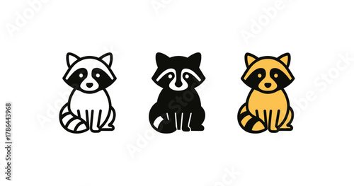 Three raccoons icon set in minimalist styles: outline, solid, flat cartoon