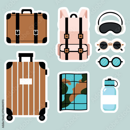 Travel essentials vector sticker set with suitcase, backpack, map, sunglasses, bottle, and sleep mask. Perfect for travel planners, scrapbooking, and vacation-themed designs.