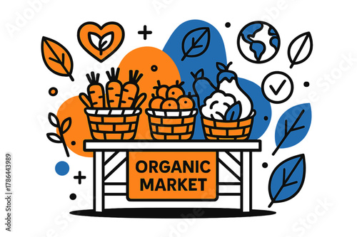 Vibrant Organic Market. Organic market display. Baskets of fresh vegetables and fruits on a farm stand,