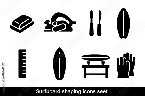 Surfboard Shaping Icons. Surfboard shaping. Filled icon set of surfboard shaping: sanding block, shaping