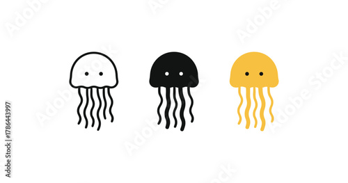 Simplistic jellyfish icons in black, white, and yellow on white background