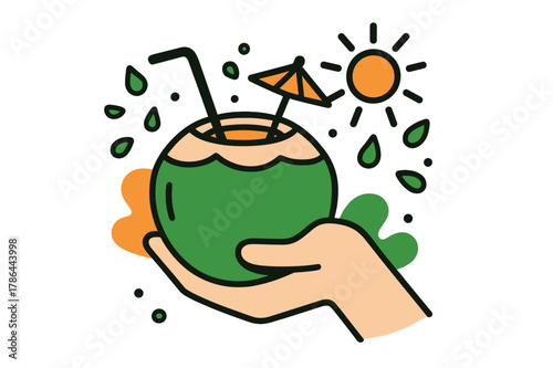 Tropical Coconut Delight. Tropical refreshment. A hand holding a green coconut with a straw and small umbrella