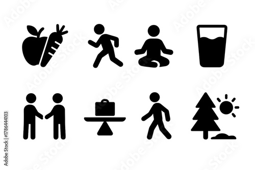 Lifestyle Icon Set. Lifestyle balance. Filled icon set of lifestyle balance: healthy food, exercise icon,