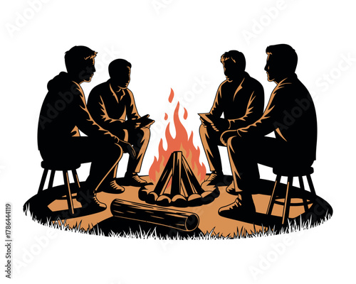 Four silhouetted figures sit around a campfire, sharing stories and bonding.