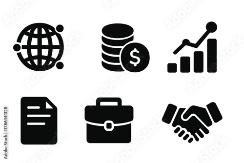 Global Finance Icons. Global finance network. Filled icon set of global finance network: globe, nodes, coin