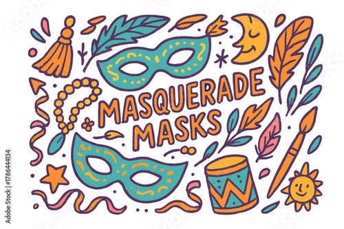 Colorful Masquerade Doodles. Masquerade masks. Hand-drawn doodle illustration of masquerade masks. Mask,
