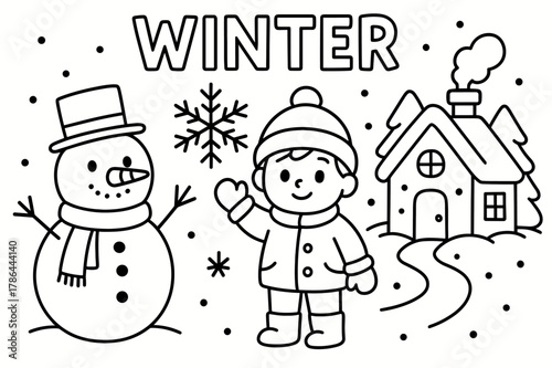 Winter Cartoon Design. winter, educational design for kids, clear bold lines, simple shapes, minimal shading,