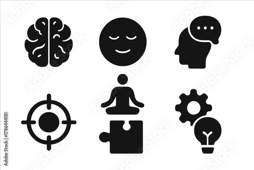 Mental Resilience Icons. Mental resilience. Filled icon set of mental resilience: brain icon, calm face,
