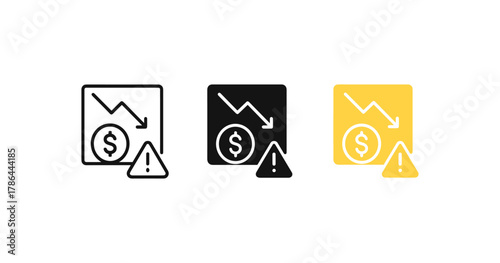 Financial loss icon set with declining graph and warning sign in minimalist style