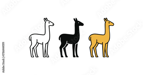 Three llamas in minimalist outline style: white, black, and gold versions