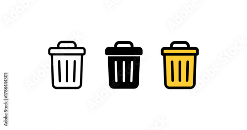 Minimalist trash bin icons in outline, solid, and colorful styles