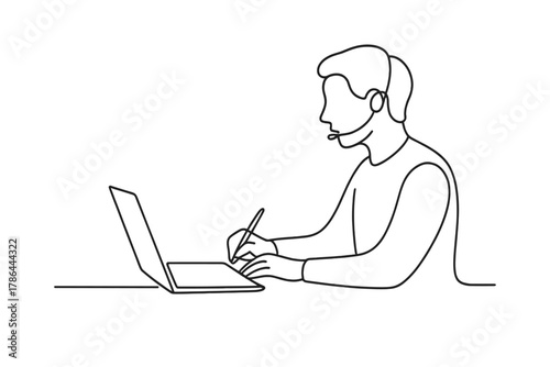 Minimalist Online Learning. Skill Building Online. Minimalistic one-line drawing employee completing exercises