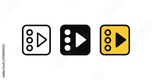 Minimalistic play button icons in black, white, and yellow variations