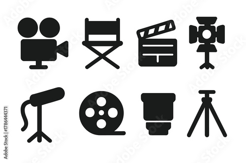 Film Production Icons. Film production. Filled icon set of film production: movie camera, director?s chair,
