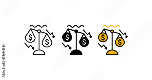 Economy trends: scales and dollar icons highlight inflation and market decline