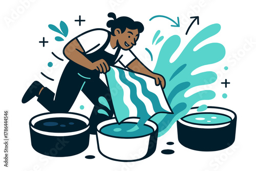 Colorful Fabric Dyeing. Traditional dyeing. A person dipping fabric into colorful dye vats, soft waves of