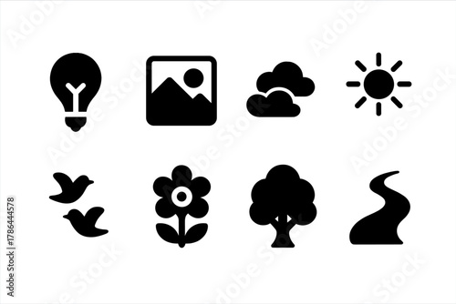 Artist Inspiration Icons. Artist inspiration. Filled icon set of artist inspiration: lightbulb idea, nature